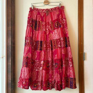 Henna Patchwork Red Maxi Skirt 100% Cotton Bohemian Hippie Flowy Floral Size XL